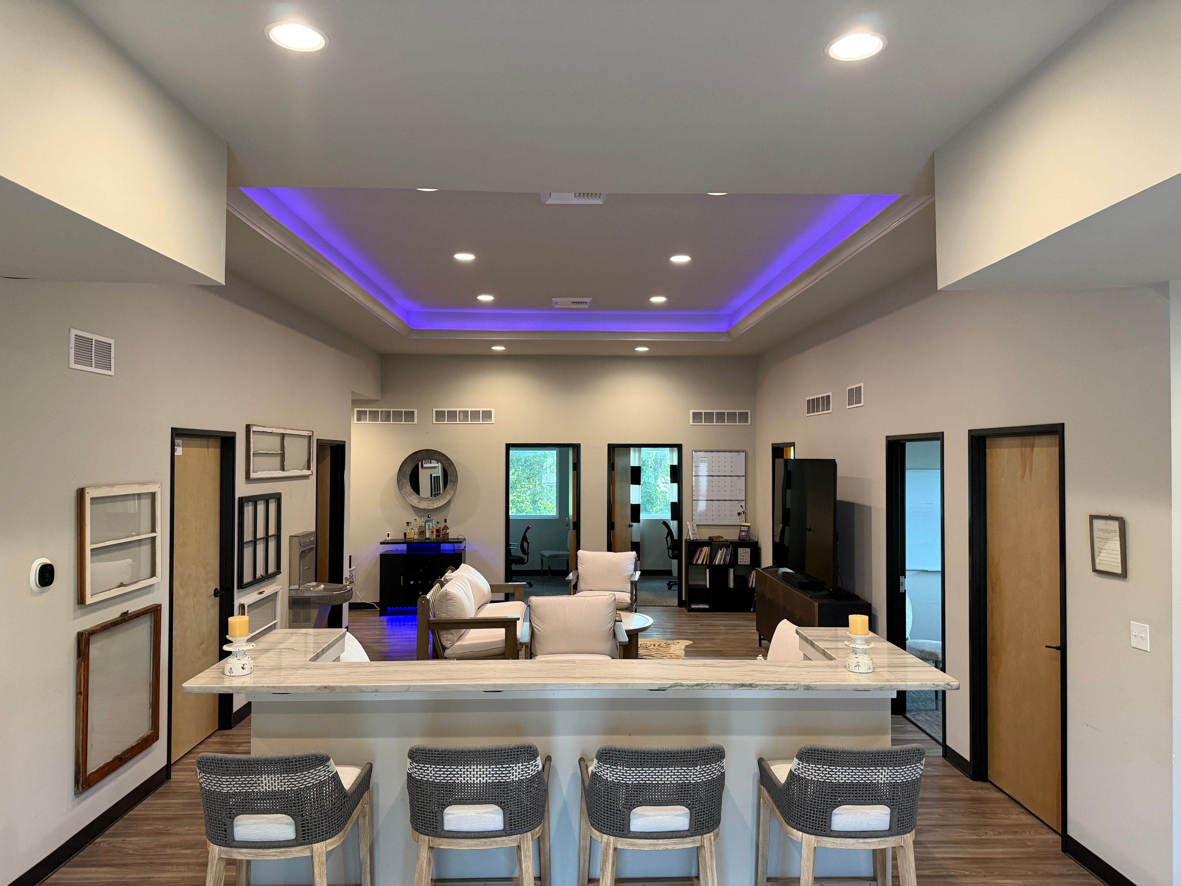 Common Good Coworking lounge and bar area