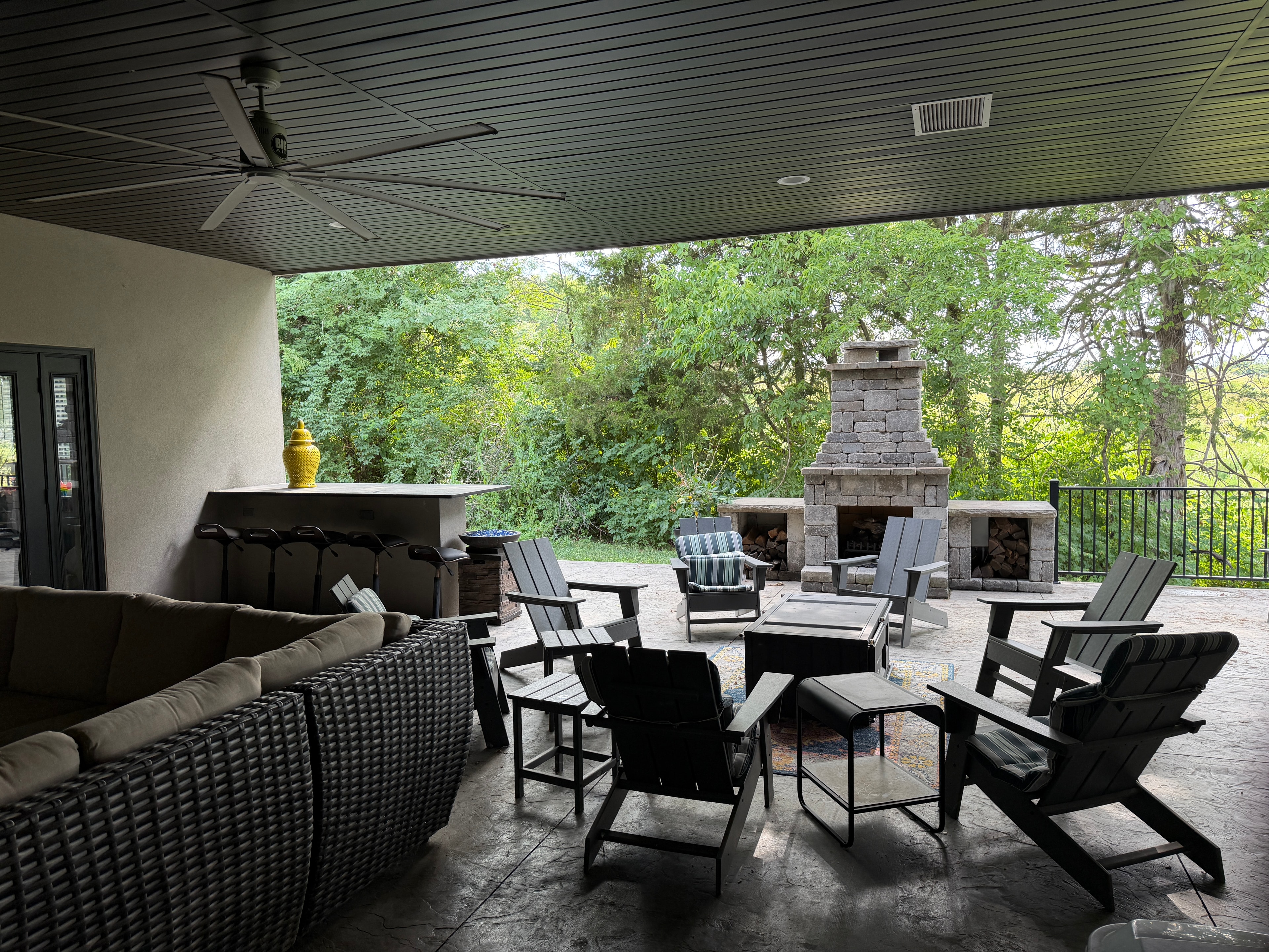 Patio with stone fireplace